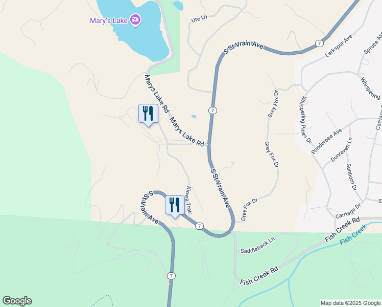 map of restaurants, bars, coffee shops, grocery stores, and more near 2840 Kiowa Trail in Estes Park