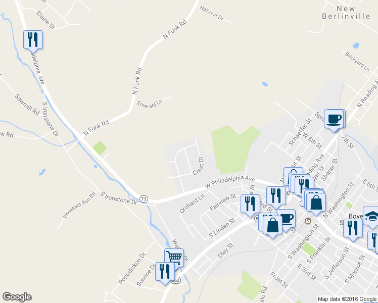 map of restaurants, bars, coffee shops, grocery stores, and more near 136 Sunset Lane in Boyertown