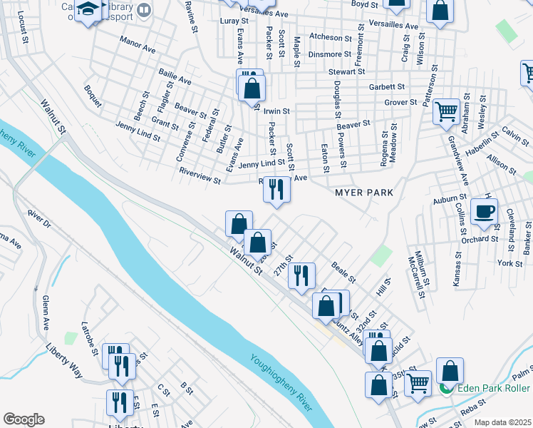 map of restaurants, bars, coffee shops, grocery stores, and more near 427 25th Street in McKeesport