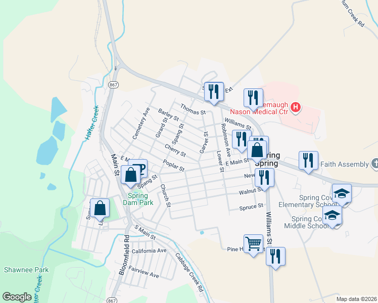 map of restaurants, bars, coffee shops, grocery stores, and more near 529 Cherry Street in Roaring Spring