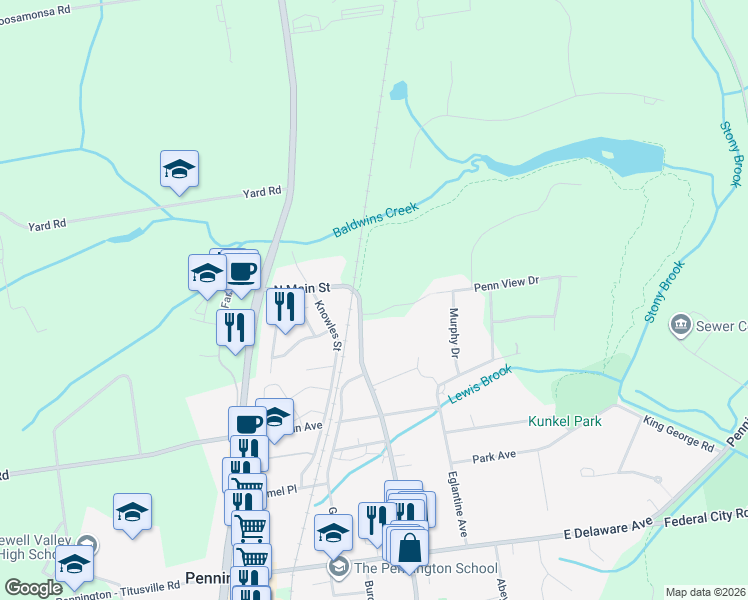 map of restaurants, bars, coffee shops, grocery stores, and more near 2 Silo Road in Pennington