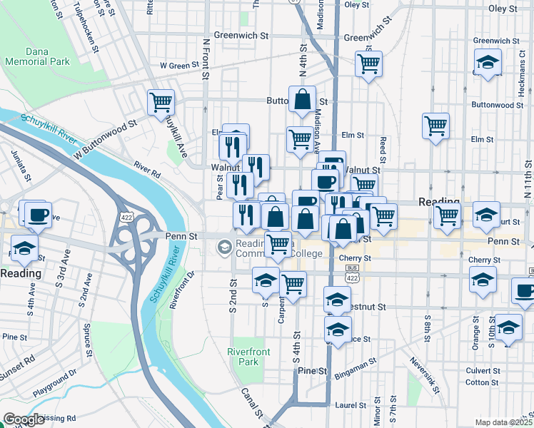 map of restaurants, bars, coffee shops, grocery stores, and more near 23 North 3rd Street in Reading