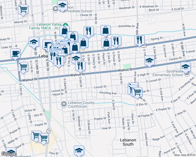 map of restaurants, bars, coffee shops, grocery stores, and more near 223 South 4th Street in Lebanon
