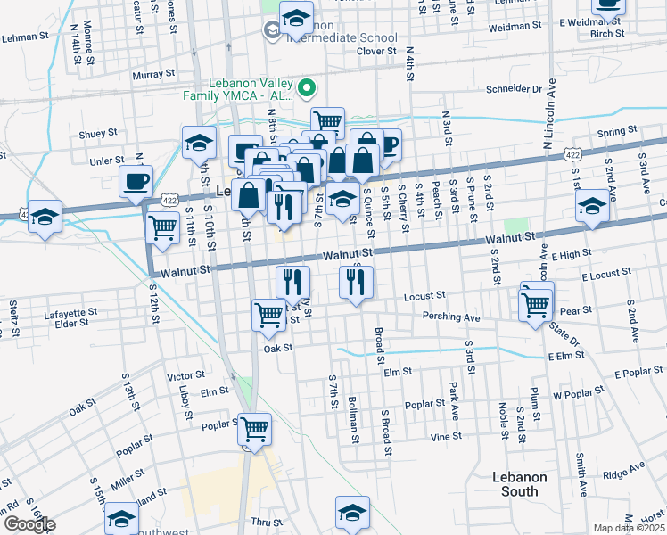 map of restaurants, bars, coffee shops, grocery stores, and more near 634 Walnut Street in Lebanon