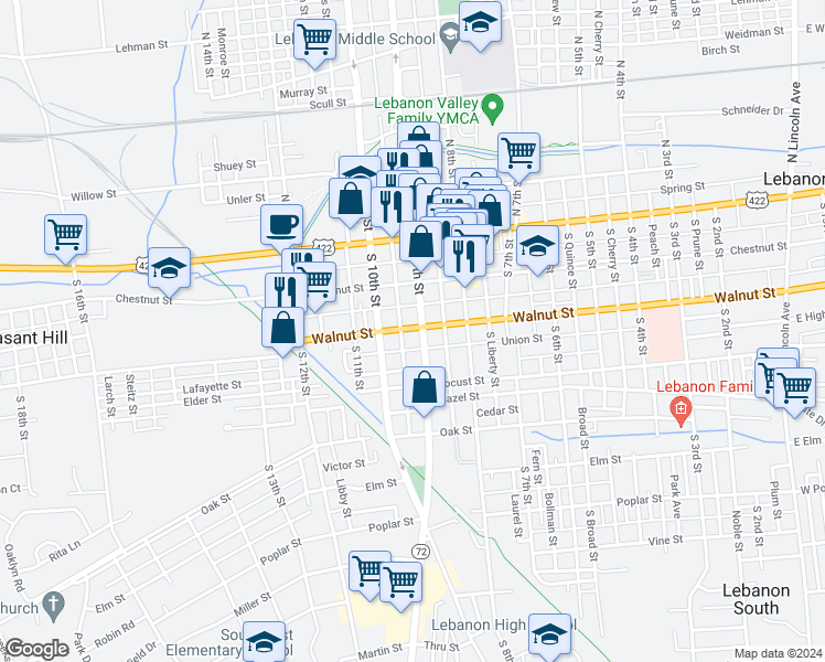 map of restaurants, bars, coffee shops, grocery stores, and more near 910 Walnut Street in Lebanon