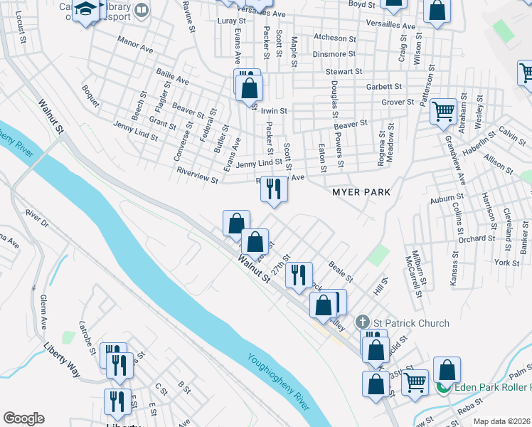 map of restaurants, bars, coffee shops, grocery stores, and more near 427 25th Street in McKeesport