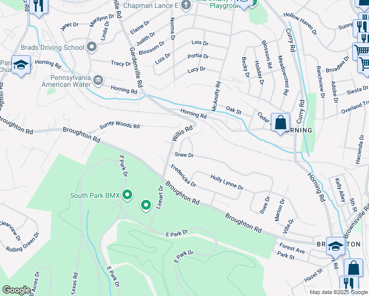 map of restaurants, bars, coffee shops, grocery stores, and more near 1012 Brookfield Drive in Bethel Park