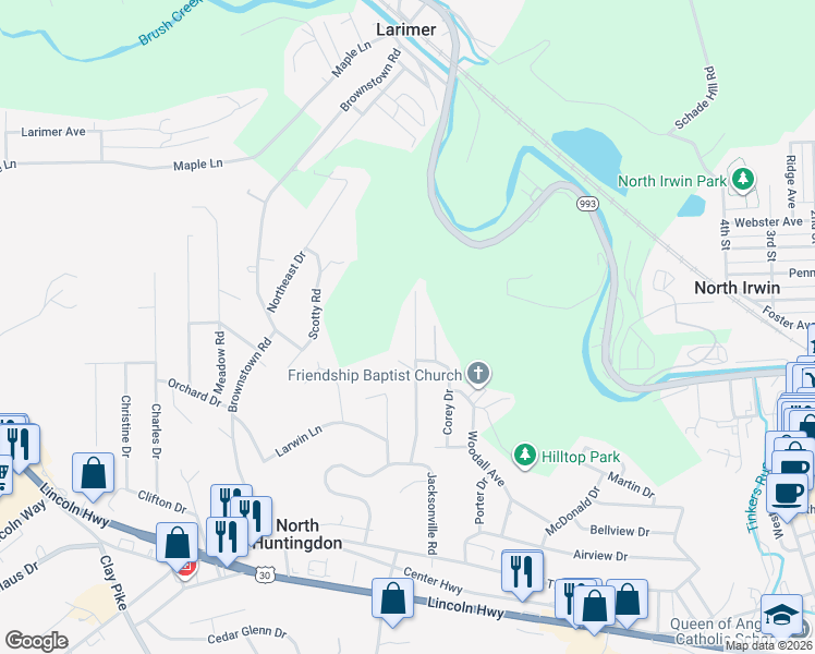 map of restaurants, bars, coffee shops, grocery stores, and more near 420 Whitney Chase Lane in Irwin