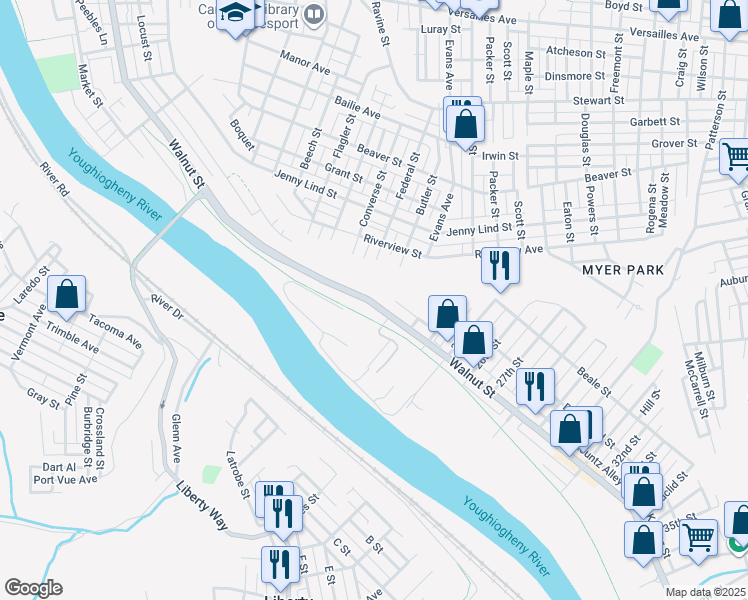 map of restaurants, bars, coffee shops, grocery stores, and more near 2105 Walnut Street in McKeesport