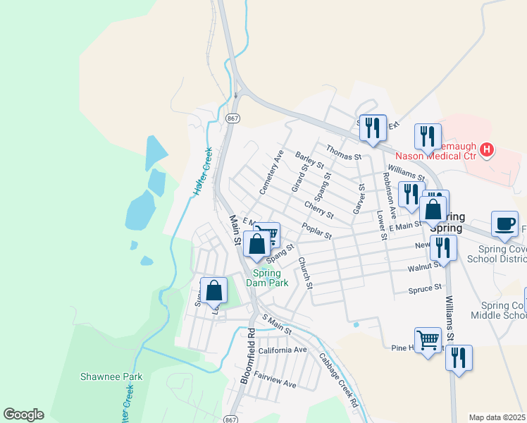 map of restaurants, bars, coffee shops, grocery stores, and more near 310 Poplar Street in Roaring Spring