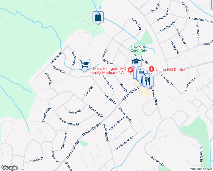 map of restaurants, bars, coffee shops, grocery stores, and more near 9 Rowena Road in Manalapan Township