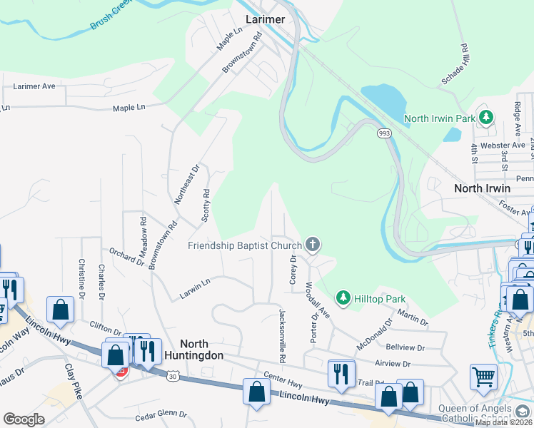 map of restaurants, bars, coffee shops, grocery stores, and more near 420 Whitney Chase Lane in Irwin