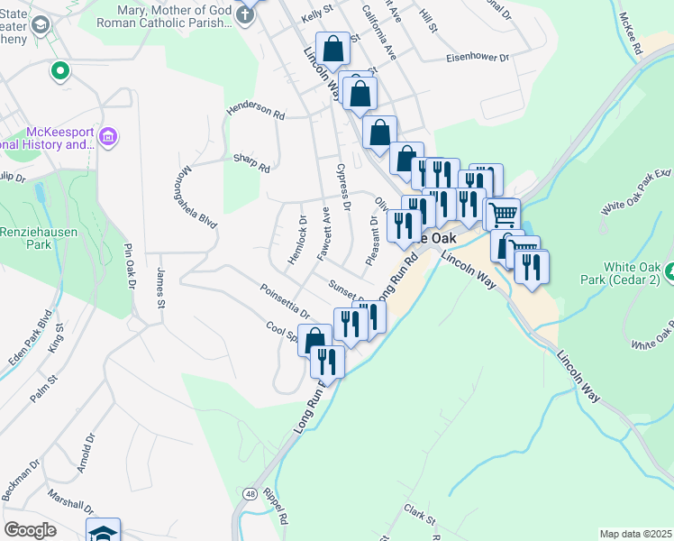 map of restaurants, bars, coffee shops, grocery stores, and more near 203 White Oak Drive in White Oak
