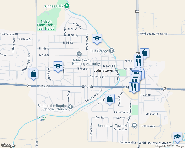 map of restaurants, bars, coffee shops, grocery stores, and more near 701 Charlotte Street in Johnstown