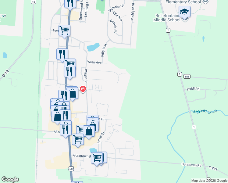 map of restaurants, bars, coffee shops, grocery stores, and more near 425 Kent Drive in Bellefontaine