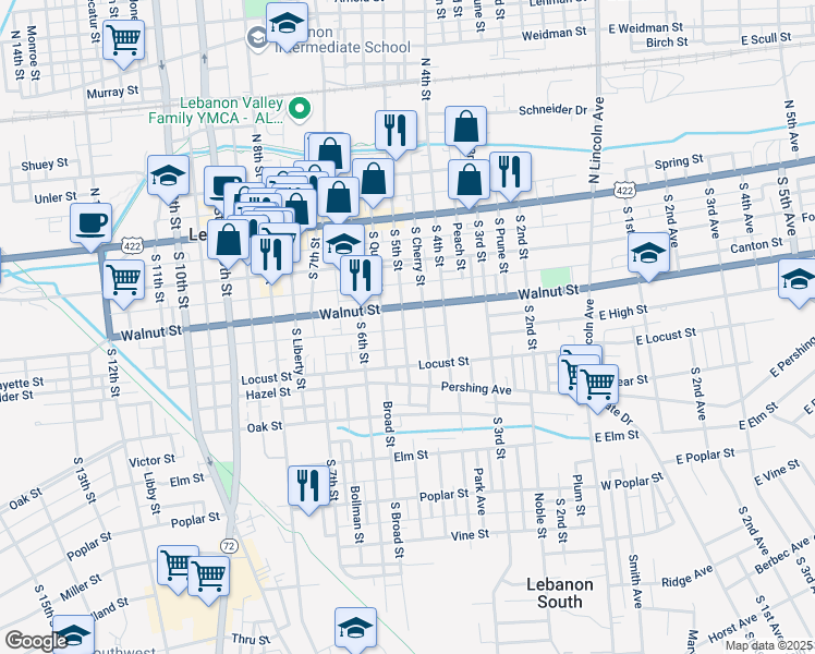 map of restaurants, bars, coffee shops, grocery stores, and more near 222 South 5th Street in Lebanon