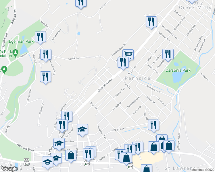map of restaurants, bars, coffee shops, grocery stores, and more near 605 Carsonia Avenue in Reading