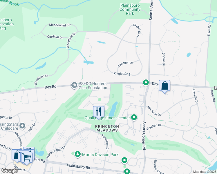 map of restaurants, bars, coffee shops, grocery stores, and more near 2803 Pheasant Hollow Drive in Princeton Meadows