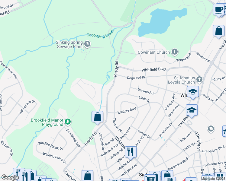 map of restaurants, bars, coffee shops, grocery stores, and more near 2926 Reedy Road in Sinking Spring