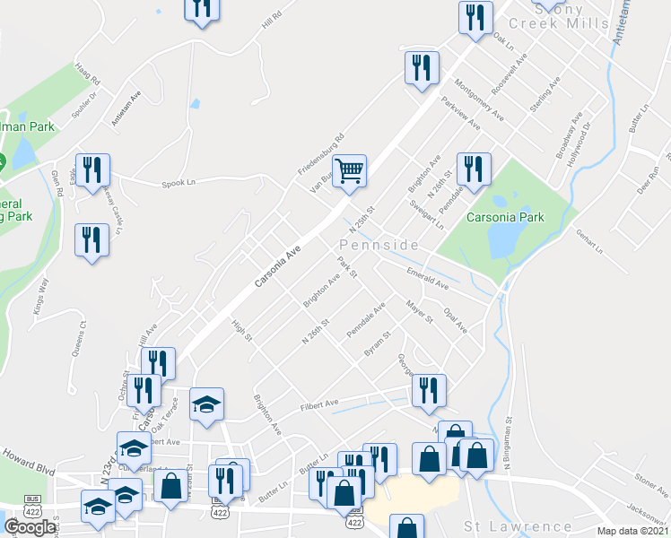 map of restaurants, bars, coffee shops, grocery stores, and more near 620 Brighton Avenue in Reading