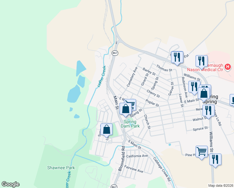 map of restaurants, bars, coffee shops, grocery stores, and more near 279 East Main Street in Roaring Spring