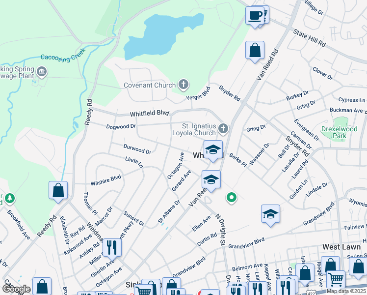 map of restaurants, bars, coffee shops, grocery stores, and more near 1201 Independence Drive in West Lawn