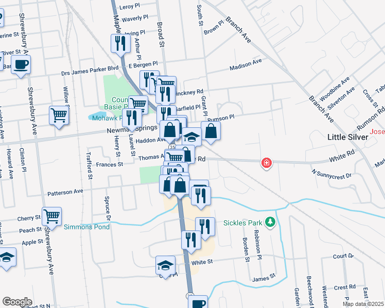 map of restaurants, bars, coffee shops, grocery stores, and more near 35 White Road in Shrewsbury