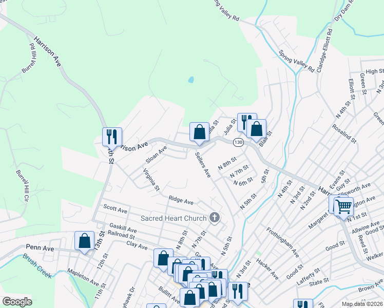 map of restaurants, bars, coffee shops, grocery stores, and more near 1700 Harrison Avenue in Jeannette