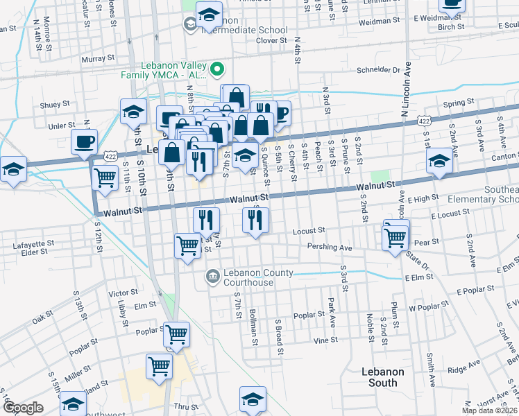 map of restaurants, bars, coffee shops, grocery stores, and more near 214 South 6th Street in Lebanon
