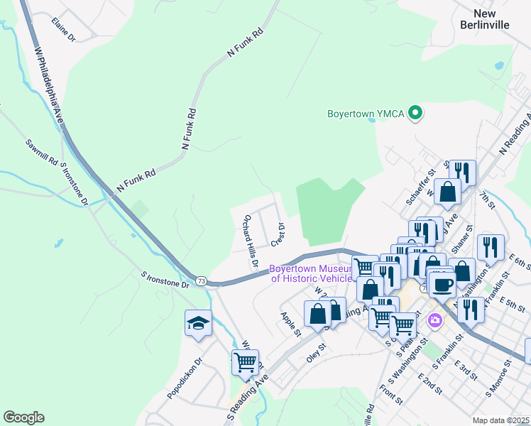 map of restaurants, bars, coffee shops, grocery stores, and more near 136 Sunset Lane in Boyertown