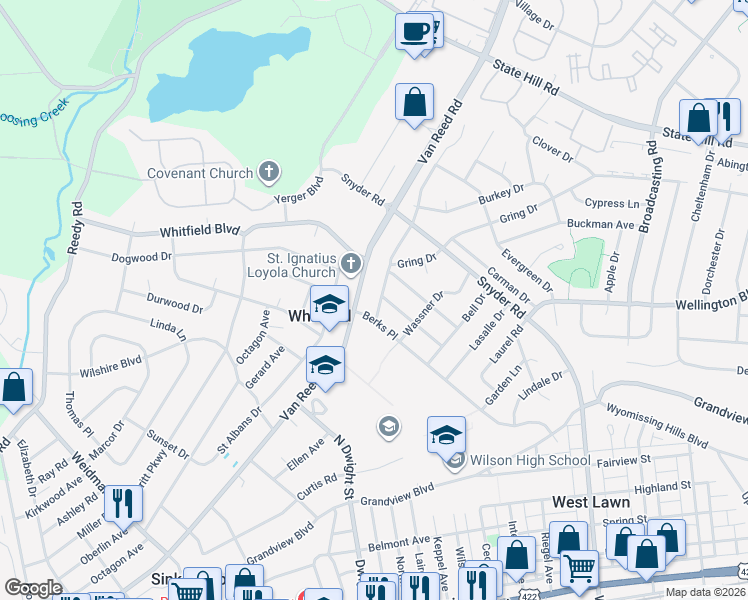 map of restaurants, bars, coffee shops, grocery stores, and more near 2411 Bressler Drive in West Lawn