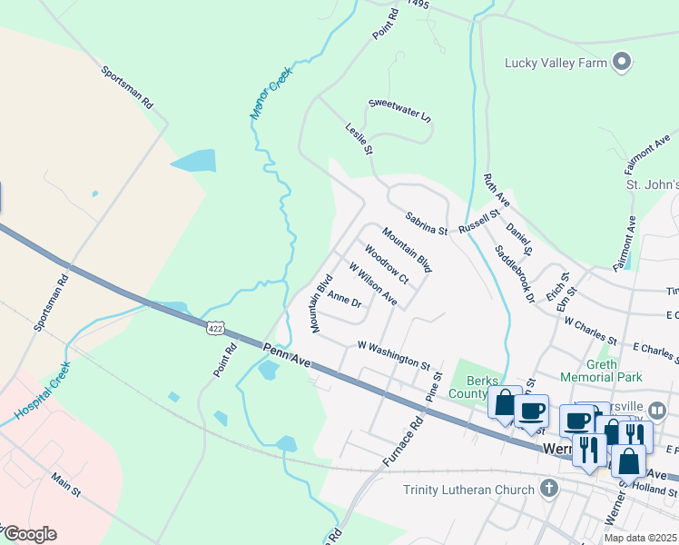 map of restaurants, bars, coffee shops, grocery stores, and more near 239 Mountain Blvd in Wernersville