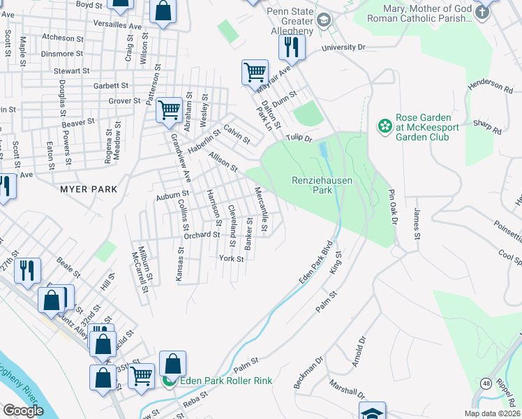 map of restaurants, bars, coffee shops, grocery stores, and more near 2418 Mercantile Street in McKeesport