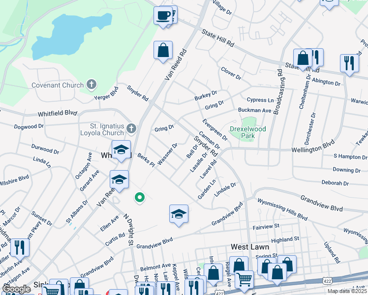 map of restaurants, bars, coffee shops, grocery stores, and more near 2306 Wassner Drive in West Lawn