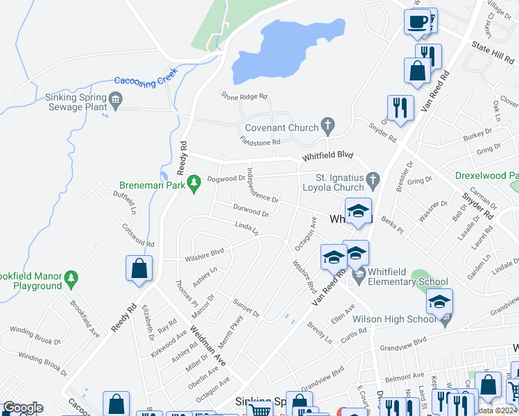 map of restaurants, bars, coffee shops, grocery stores, and more near 1407 Durwood Drive in Reading