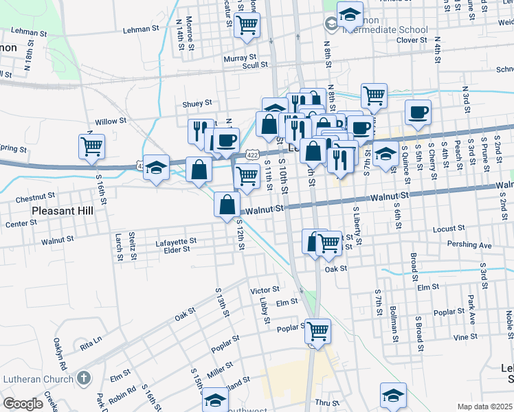 map of restaurants, bars, coffee shops, grocery stores, and more near 1123 Walnut St in Lebanon