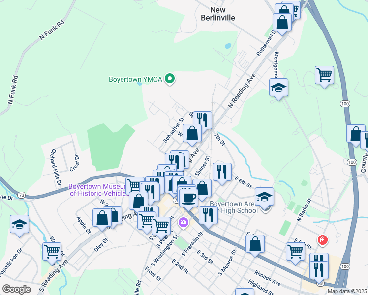 map of restaurants, bars, coffee shops, grocery stores, and more near 138 North Walnut Street in Boyertown