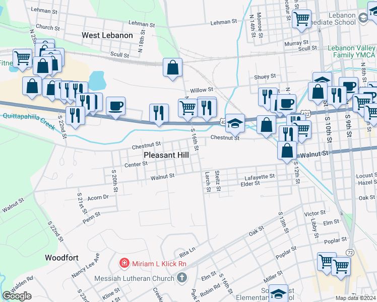 map of restaurants, bars, coffee shops, grocery stores, and more near 1619 Center Street in Lebanon