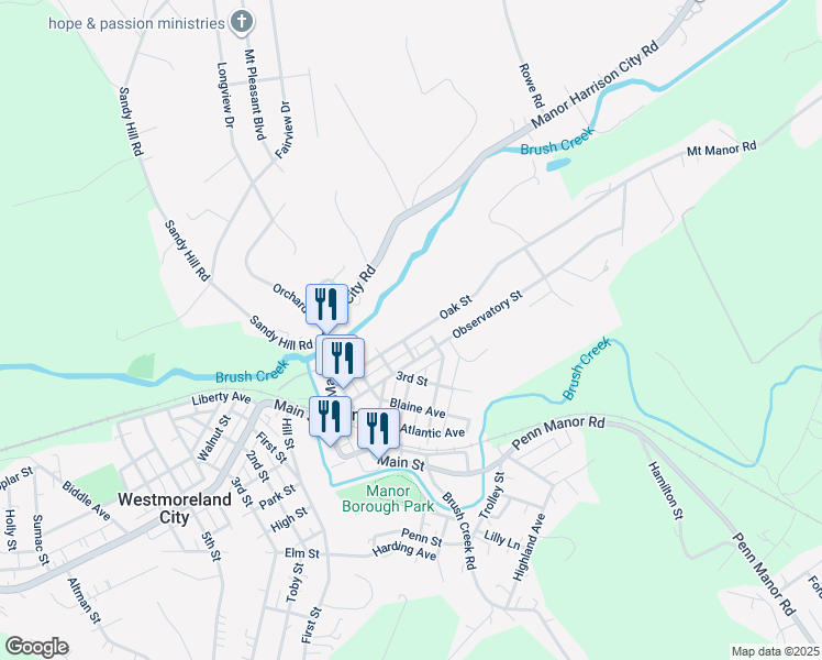 map of restaurants, bars, coffee shops, grocery stores, and more near 45 Oak Street in Manor