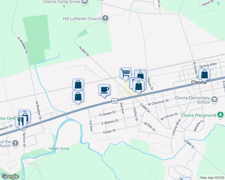 map of restaurants, bars, coffee shops, grocery stores, and more near 1455 East Main Street in Annville