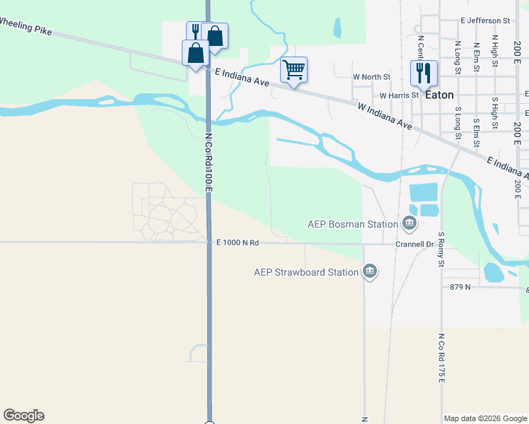 map of restaurants, bars, coffee shops, grocery stores, and more near 2120 East 1000 North in Eaton