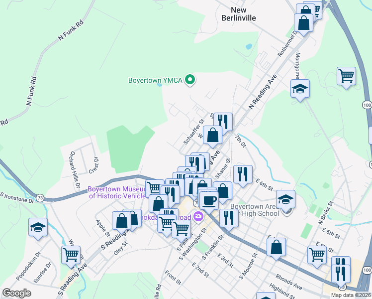 map of restaurants, bars, coffee shops, grocery stores, and more near 100 Schaeffer St in Boyertown