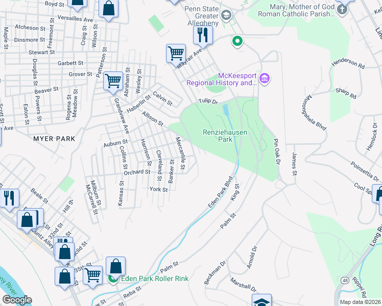 map of restaurants, bars, coffee shops, grocery stores, and more near 2407 Easler Street in McKeesport