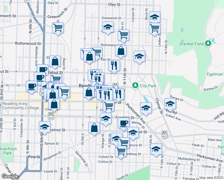 map of restaurants, bars, coffee shops, grocery stores, and more near 45 North 10th Street in Reading