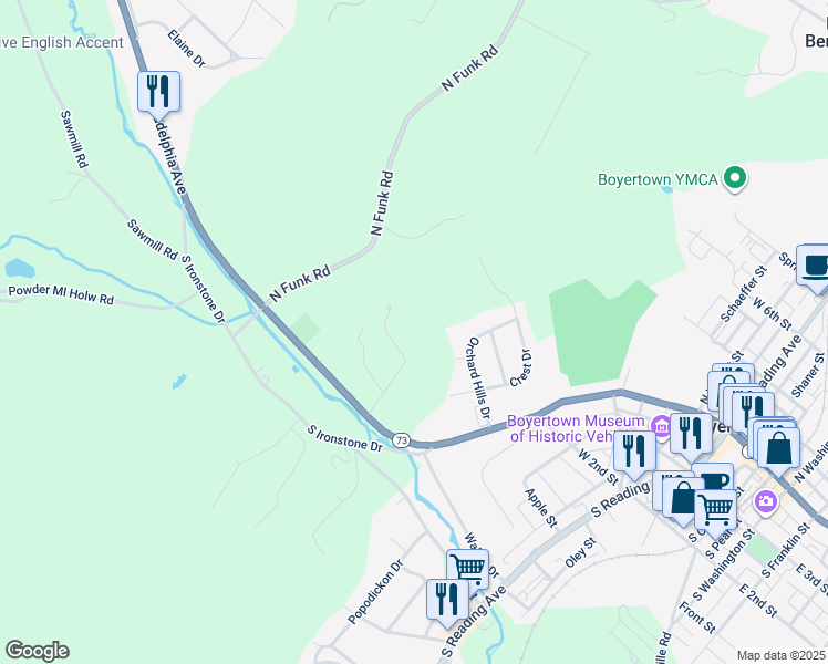 map of restaurants, bars, coffee shops, grocery stores, and more near 709 Arbor Lane in Boyertown