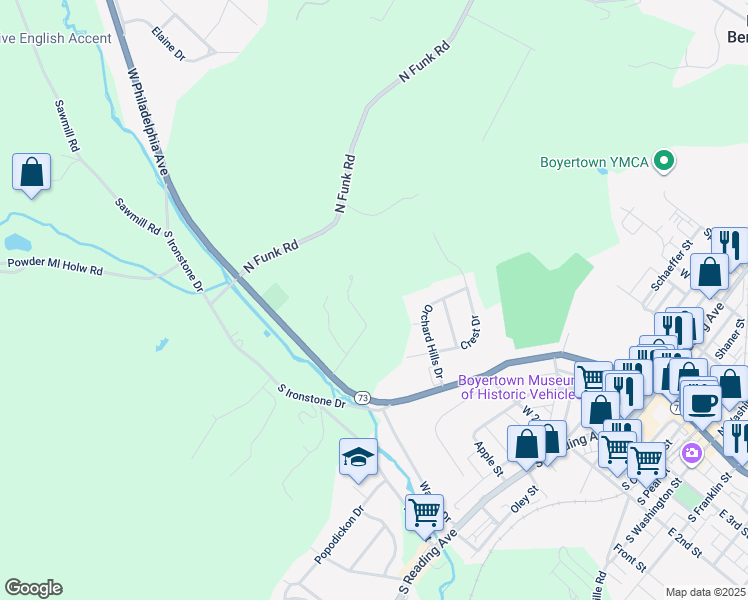 map of restaurants, bars, coffee shops, grocery stores, and more near 709 Arbor Lane in Boyertown
