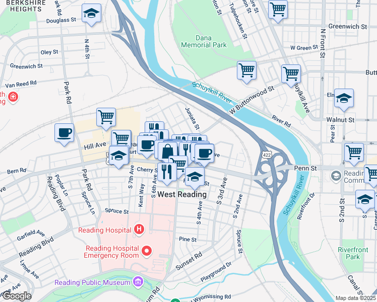 map of restaurants, bars, coffee shops, grocery stores, and more near 414 Reading Avenue in West Reading