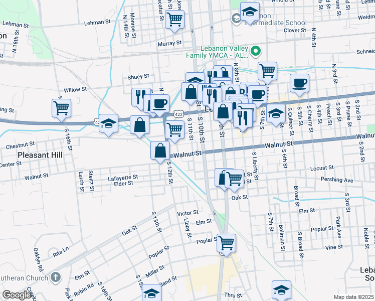 map of restaurants, bars, coffee shops, grocery stores, and more near 1123 Walnut Street in Lebanon