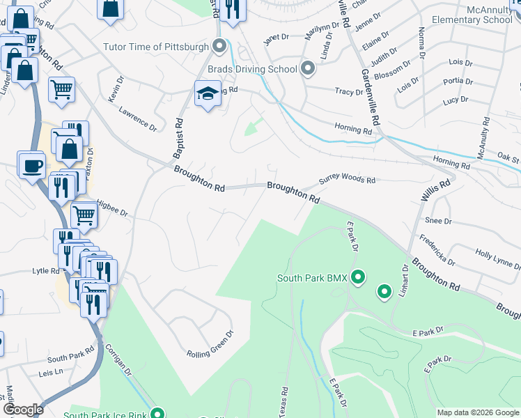 map of restaurants, bars, coffee shops, grocery stores, and more near 7123 Sansue Drive in Bethel Park