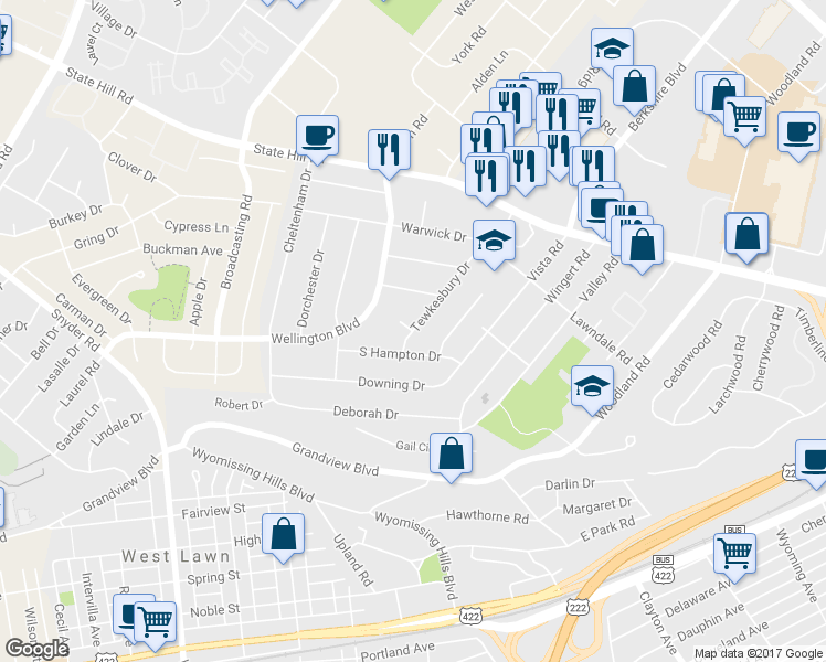 map of restaurants, bars, coffee shops, grocery stores, and more near 22 Tewkesbury Drive in Wyomissing